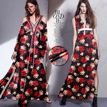 135 cm širok 8 mm rdeče vrtnice natisni črno tanke svila šifon tkanine za poletje dolgo in kratko obleko srajco oblačila D523 0
