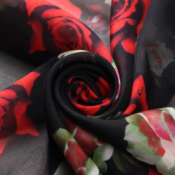 135 cm širok 8 mm rdeče vrtnice natisni črno tanke svila šifon tkanine za poletje dolgo in kratko obleko srajco oblačila D523 2