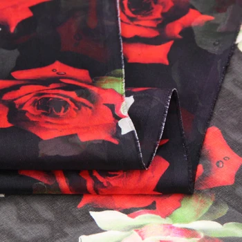 135 cm širok 8 mm rdeče vrtnice natisni črno tanke svila šifon tkanine za poletje dolgo in kratko obleko srajco oblačila D523 3
