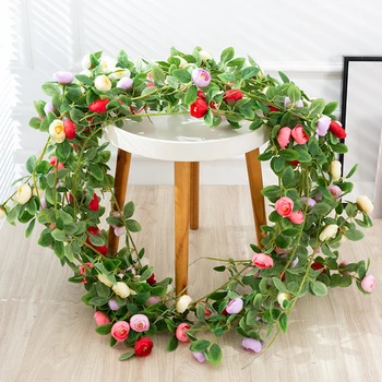 160 cm Umetno Čaj Popka Vrtnice Cvetovi vinske Trte Garland, Zeleno Listje, Obešanje naprave Za Dom Poroko Arch Vrata Božič Stranka Dekor