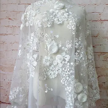 1Y/veliko 100% ročno izdelani bleščica tkanina 3D cvet vezenje očesa tkanine za poročno obleko, krilo dekoracijo