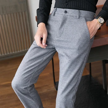2020 jeseni in pozimi moške brušena priložnostne hlače Slim trend tanka linija poslovne moda stretch hlače za moške, temno siva kaki siva