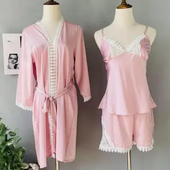 3PCS Pižamo bo Ustrezala Intimno Perilo za Pomlad Poletje Novo Čipke Spanja Set Home Oblačila Ženske Priložnostne Saten More Pižame
