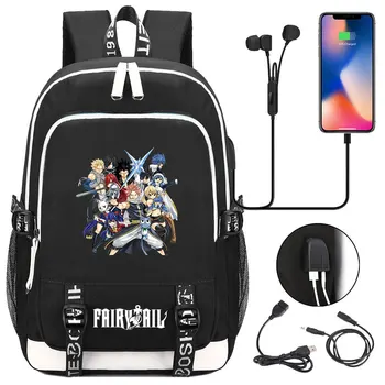 Anime Fairy Tail USB Polnjenje Nahrbtnik Platno Oprtnik Unisex Študent Risanka Šolsko Najstnik Zip Packsack Potovanja Laptop Torba