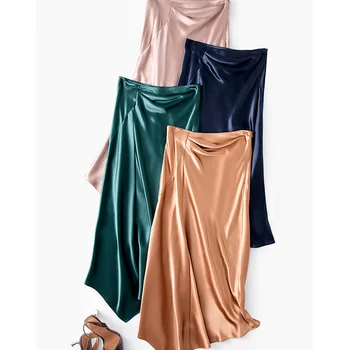 Dolga Krila za Ženske 2022 Poletje korejski Moda Visoko Pasu Saten Elegantno Nezakonitih Zeleno Krilo Urad Dama Jupe Femme Y361