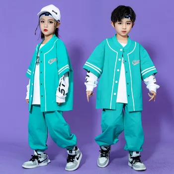 Fantje Kpop Hip Hop Oblačila Modro Jopico Baseball Majica Dolg Rokav Vrh Bela Majica Priložnostne Hlače Fant Dekle Jazz Ples Kostum 5