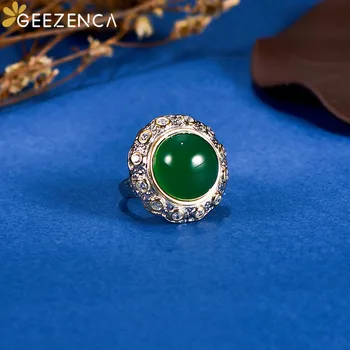 GEEZENCA Naravno Zeleno Chalcedony 925 Srebro Obroči Za Ženske Luxury Letnik Ročno Gemstone Nastavljiv Prstan Nepal Nakit