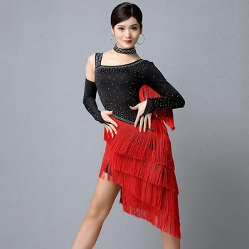 Latinski Ples, Oblačila z Dolgimi Rokavi Rdeče Bonitete Črna Obleka Latin Konkurence Uspešnosti Kostume, Tango/Samba Dancewear DQL2771