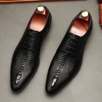 Luksuzni Mens Oxford Obleko Čevlje Prave Usnje Vzorec Krokodil moška Obutev Ročno izdelane Čipke Celotno Cut Formalno Poroko Obleko Čevlje
