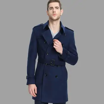 Modra priložnostne volnene plašč moški Dvojno zapenjanje jarek coats jeseni, zime dolge rokave suknji mens kašmir plašč casaco anglija
