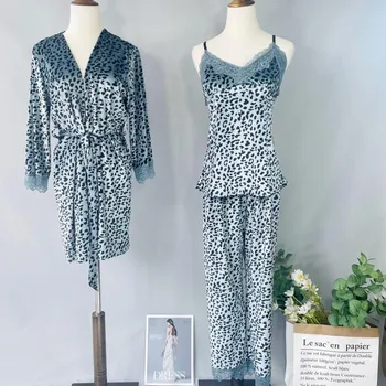 Modro Pižamo bo Ustrezala More Čipke Domov Oblačila Intimno Perilo, Seksi Leopard Dolg Rokav Velur 3PCS Spanja Sklop Priložnostne Sleepwear