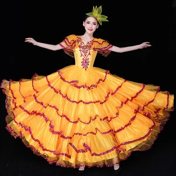 Nova Elegantna Sodobni Ples Konkurence Obleko Flamenco Plesna Velikem Zamahu Rumeno Obleko Za Ženske Ženski Uspešnosti Dolgo Krilo VO1055