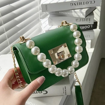 Pearl Design Mini Tote Vrečko 2021 Pomlad Moda Novih kakovostnih PU Usnja Ženske Oblikovalec Torbici Verige Ramenski Messenger Bag
