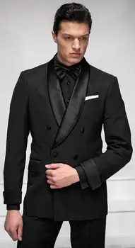 Po meri Narejene Ženina Tuxedos Črno Dvojno zapenjanje Lep Formalno Obrabe svate Groomsman Obleko, moško Obleko ( suknjič+Hlače+kravato)