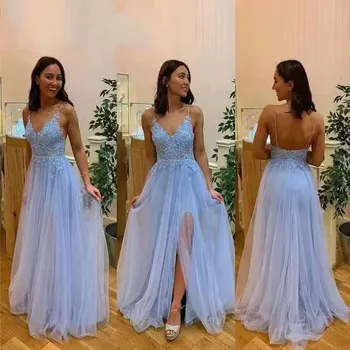 Svetlo Modra Split Prom Obleke Dolgo 2022 Luksuzni Aplicirano Čipke Uvoženih Večerne Špageti Trak Vestidos de fiesta de noche