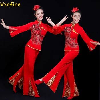 Tradicionalni Kitajski Folk Rdeče Yangko Plesne Kostume Klasične Nacionalne Hanfu Ples Pasu Boben Square Dance Stopnji Uspešnosti 0