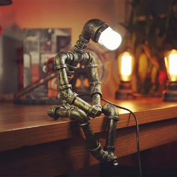 Vintage namizne Svetilke Robot Železne Cevi Namizna Svetilka Led namizne Svetilke, za Spalnico Postelji Mansarda Doma Dekor Razsvetljava Industrijska Napeljave 0