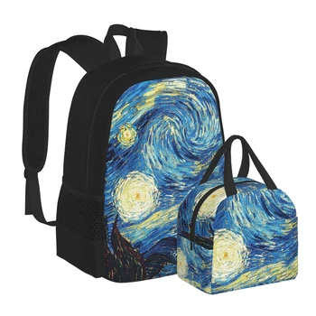 WHEREISART 2PCS Znanih Oljno sliko Van Gogh Nahrbtnik Za Ženske Luksuzni Unisex Bookbag Z Vrečke za Kosilo Bolsos Verano 2021 Priložnostne