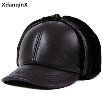 XdanqinX nove zimske pravega usnja klobuk moške cowhide usnje baseball skp toplo earmuff skp debel mah, zimske kape za starejše