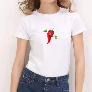 Ženske Chili Natisnjeni Osnovni O-Vratu T-shirt Lady Harajuku Kawaii Lep Poletni Priložnostne T-shirtWhite Vrhovi Ženska T-shirt majica