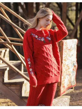 Ženske Jesen Zimo Božič Rdeča Jopica Korejski Moda Leni Priložnostne Oversize Dolg Eleganten Pulover Ročno Vezenje Pulover